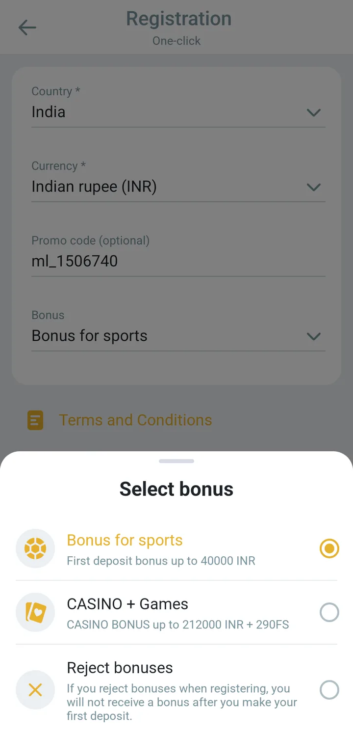 Choosing the sports or casino welcome bonus during MelBet app registration